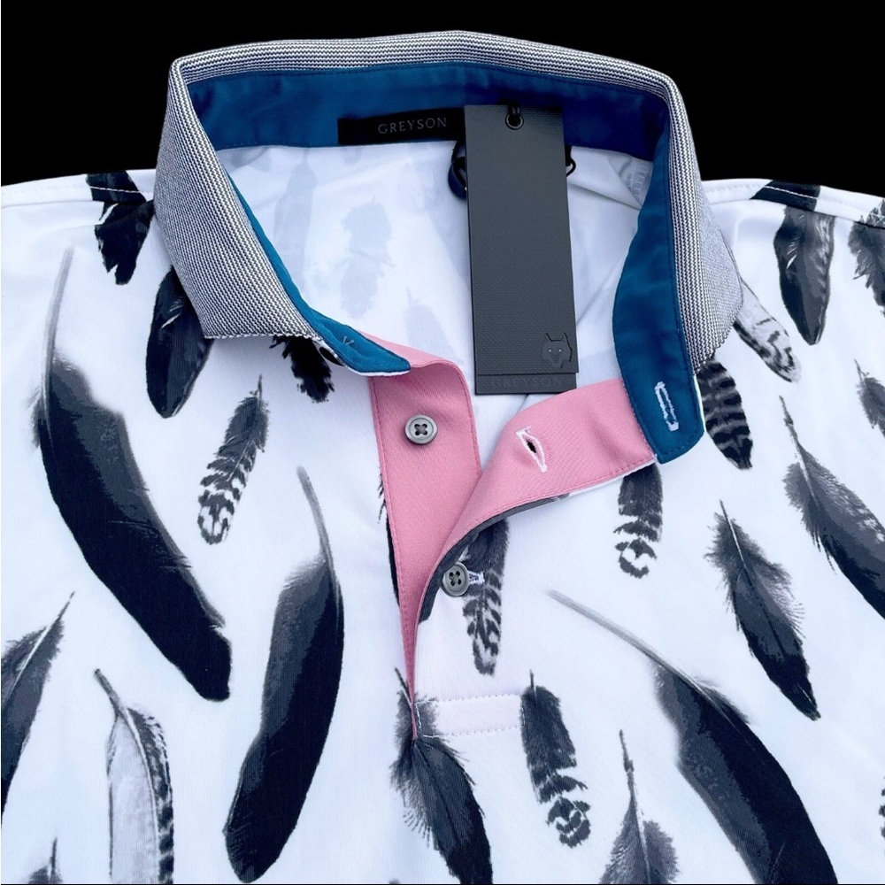 Greyson Golf Forever Flight Feather Print Short Sleeve Polo Shirt Large $118
